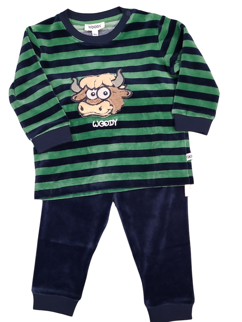 Jongens Baby Pyjama Velours &quot; Highlander&quot; Woody Groen/Blauw