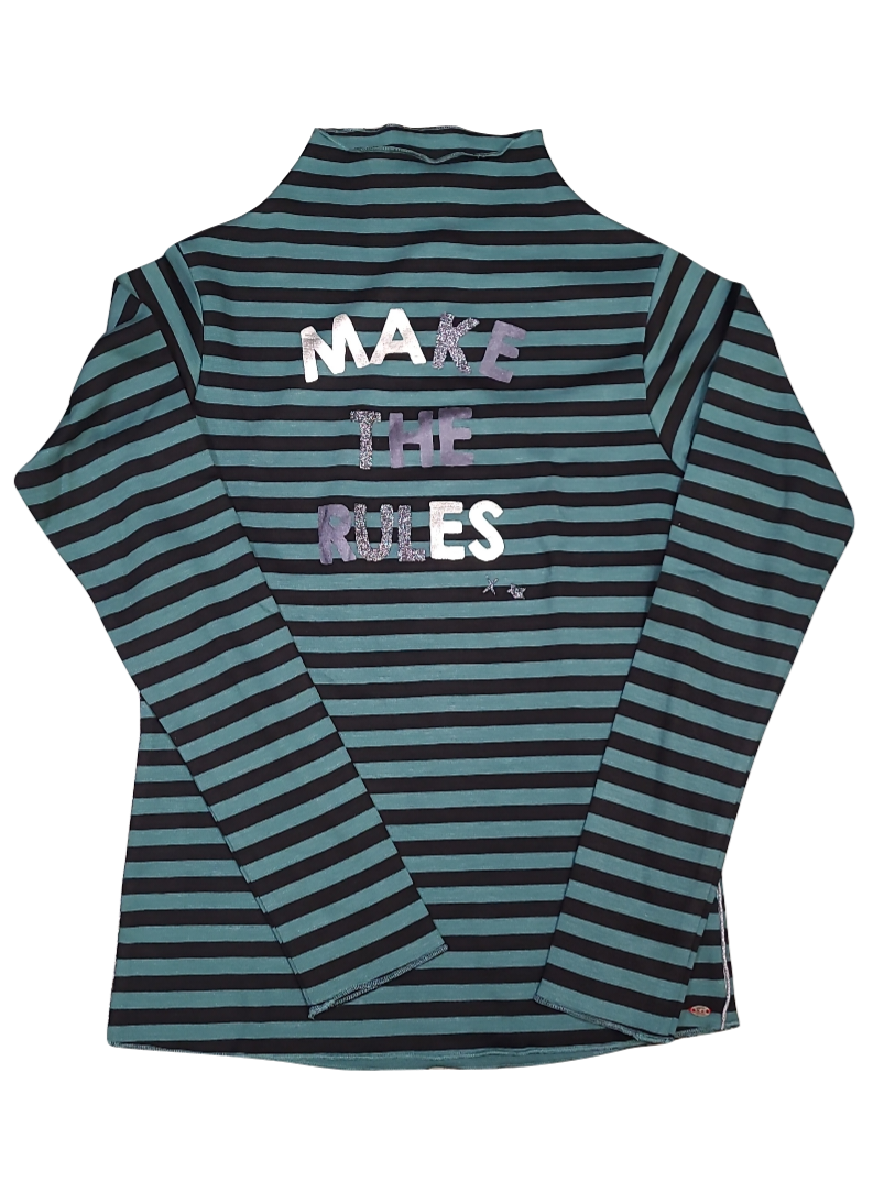 T-shirt L/M &quot;Make The Rules&quot; Blue Rebel Groen Gestreept