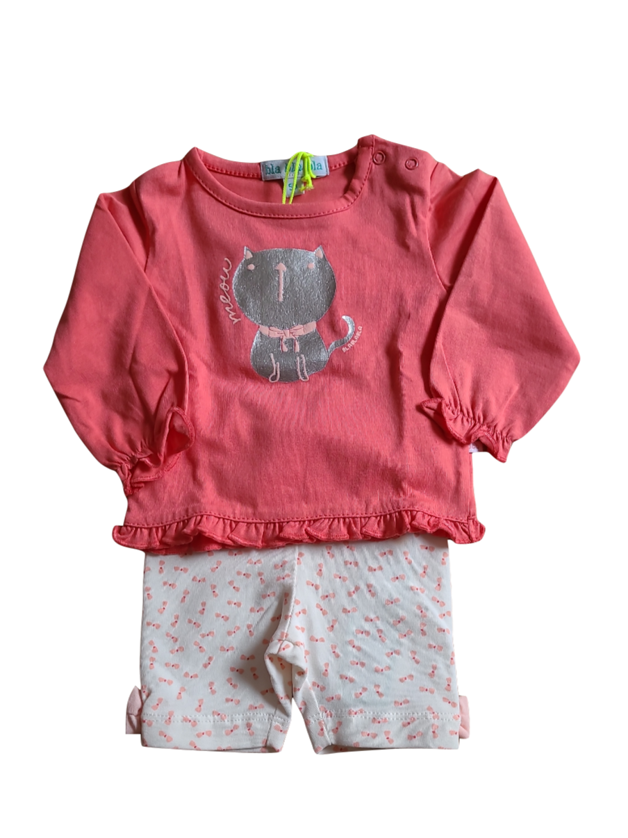 Set T-shirt &quot;Meow&quot; + Legging Kort &quot;Strikjes&quot; Bla Bla Bla Koraal