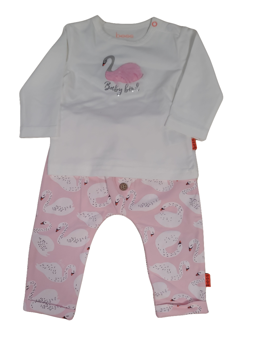 Set T-shirt L/M + Broek &quot;Zwaan&quot; Bess Wit/Roze