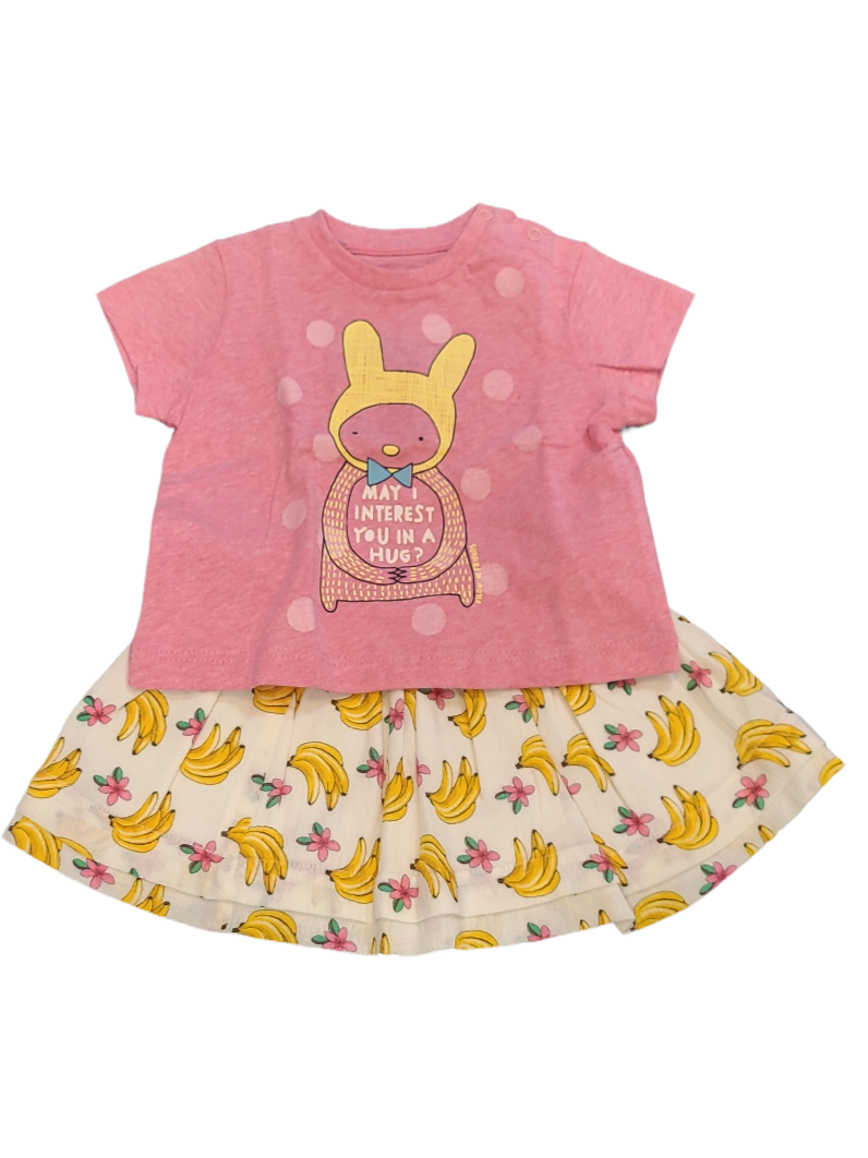 Set T-shirt &quot;May I&quot; + Rok + Broekje &quot;Bananen&quot; P&#39;tit Filou Roos/Ecru
