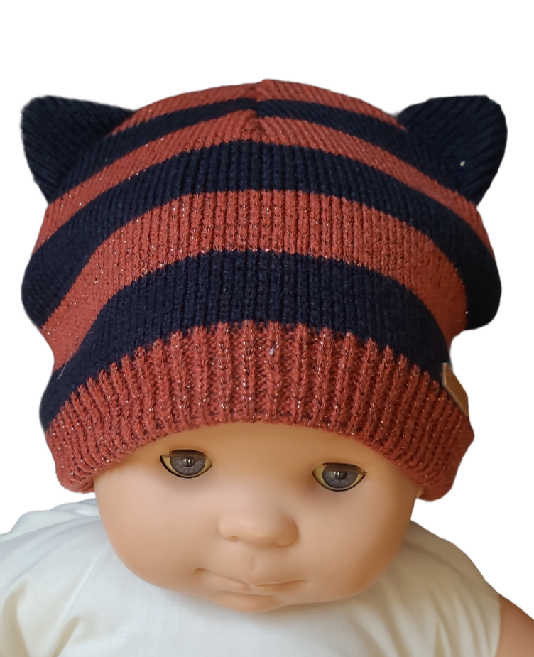 Muts Tricot &quot;Oortjes&quot; Noppies Zwart/Bruin
