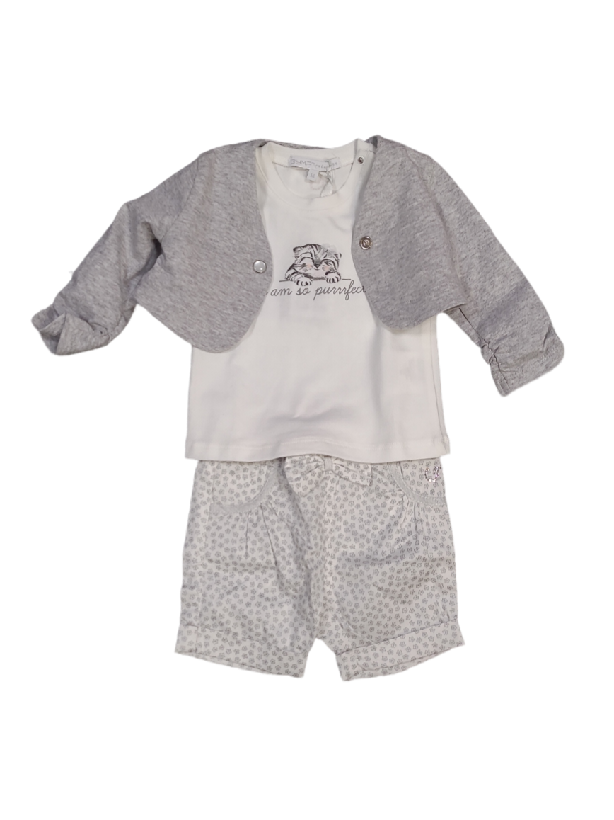 Set T-shirt &quot;I Am So Purrrfect&quot; + Short + Gilet Gymp Wit/Grijs