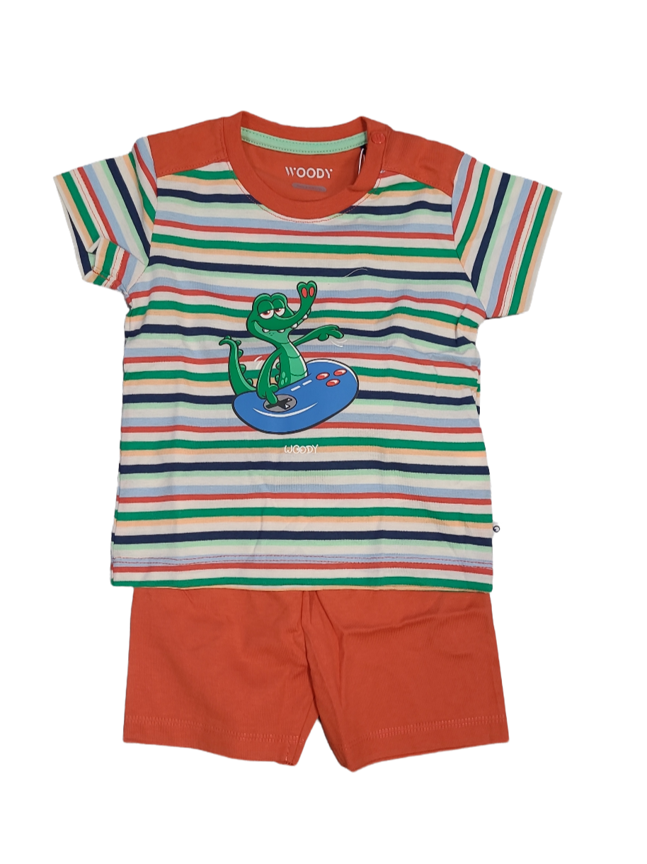 Jongens Baby Pyjama K/M Short &quot;Krokodil&quot; Woody Oranje Gestreept
