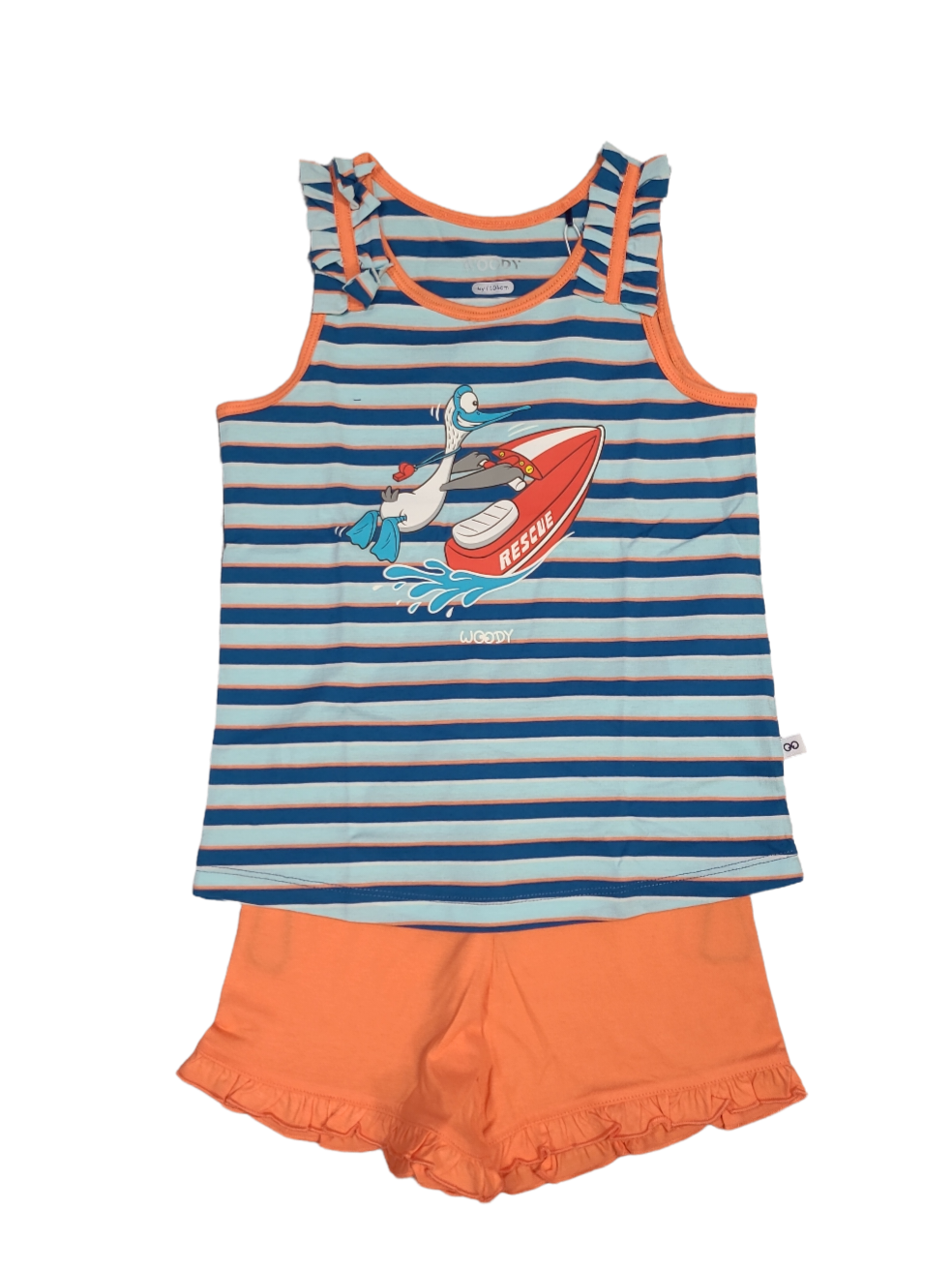 Meisjes Pyjama Singlet Short &quot;Meeuw&quot; Woody Blauw/Oranje Gestreept