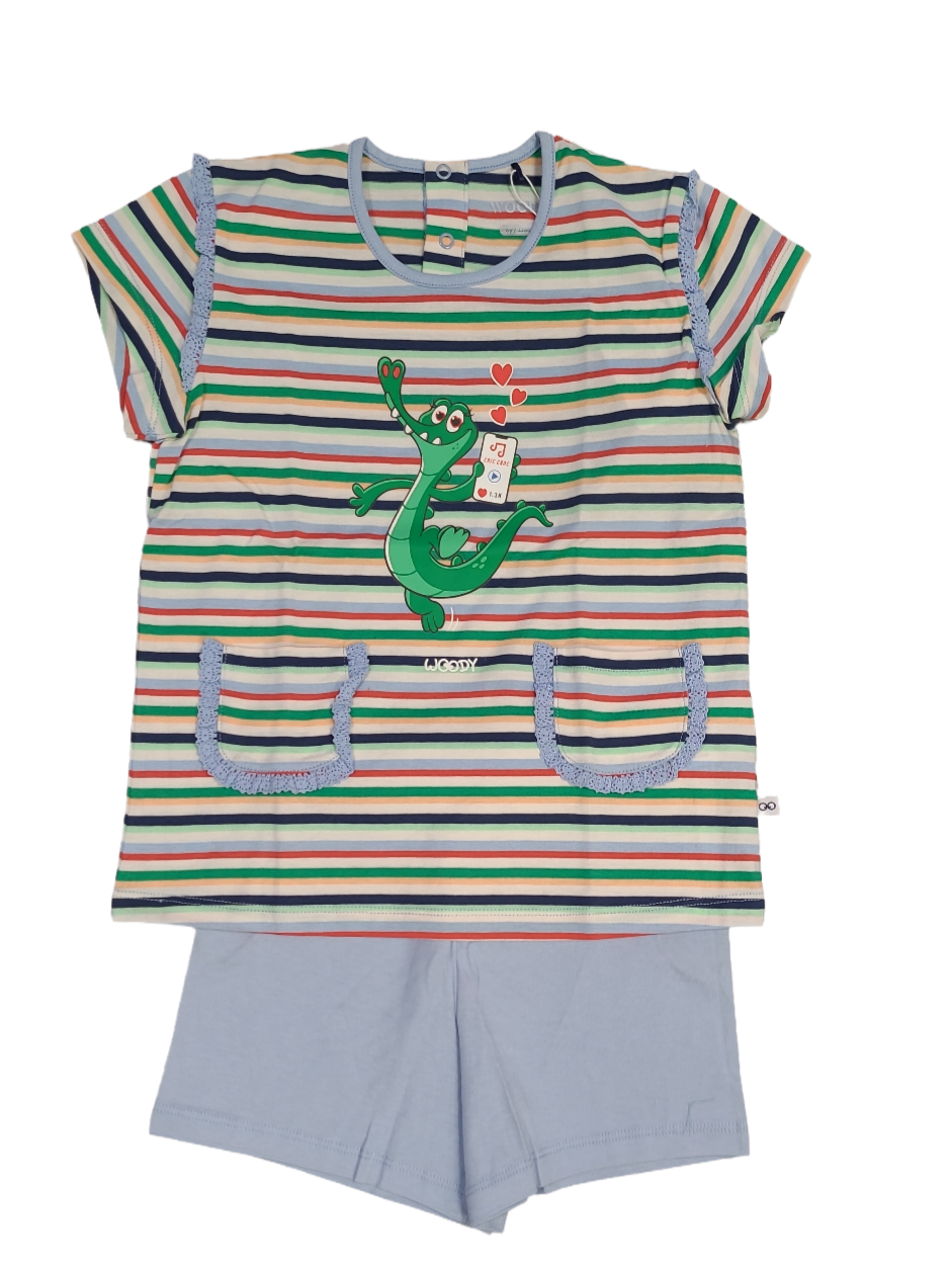 Meisjes Pyjama K/M Short &quot;Krokodil&quot; Woody Multi Gestreept