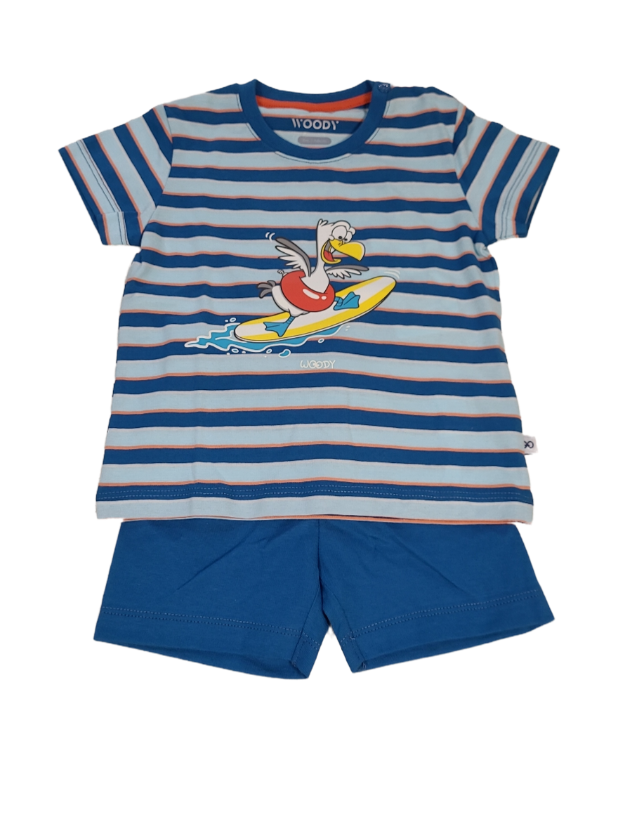 Jongens Baby Pyjama K/M Short &quot;Meeuw&quot; Woody Blauw Gestreept