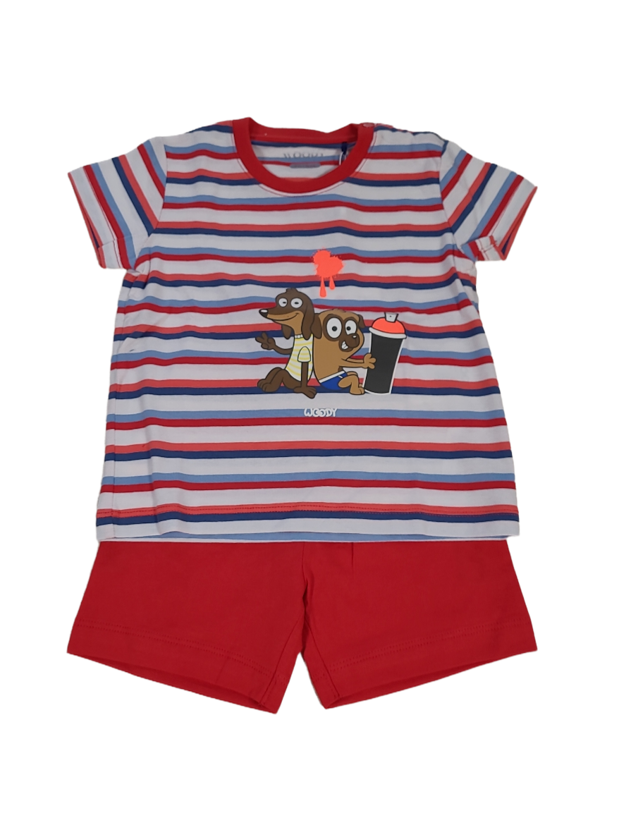 Jongens Baby Pyjama K/M Short &quot;Dog&quot; Woody Rood Gestreept