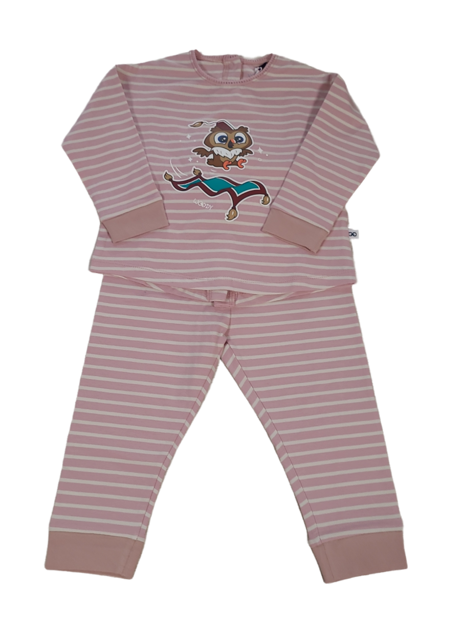 Meisjes Baby Pyjama L/M &quot;Uil&quot; Roos Gestreept
