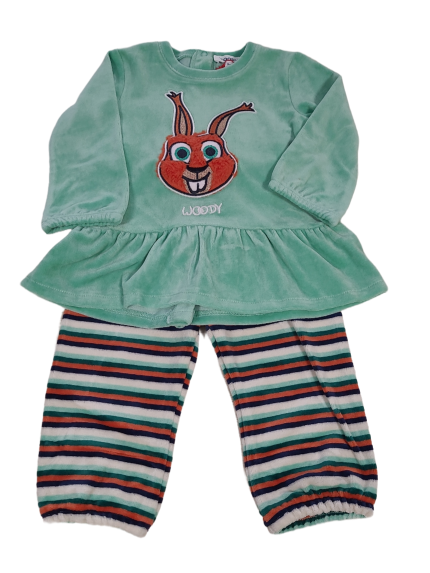 Meisjes Baby Pyjama L/M Velours &quot;Eekhoorn&quot; Woody Groen