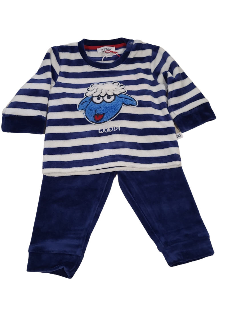 Jongens Baby Pyjama Velours L/M &quot;Schaap&quot; Woody Blauw Gestreept