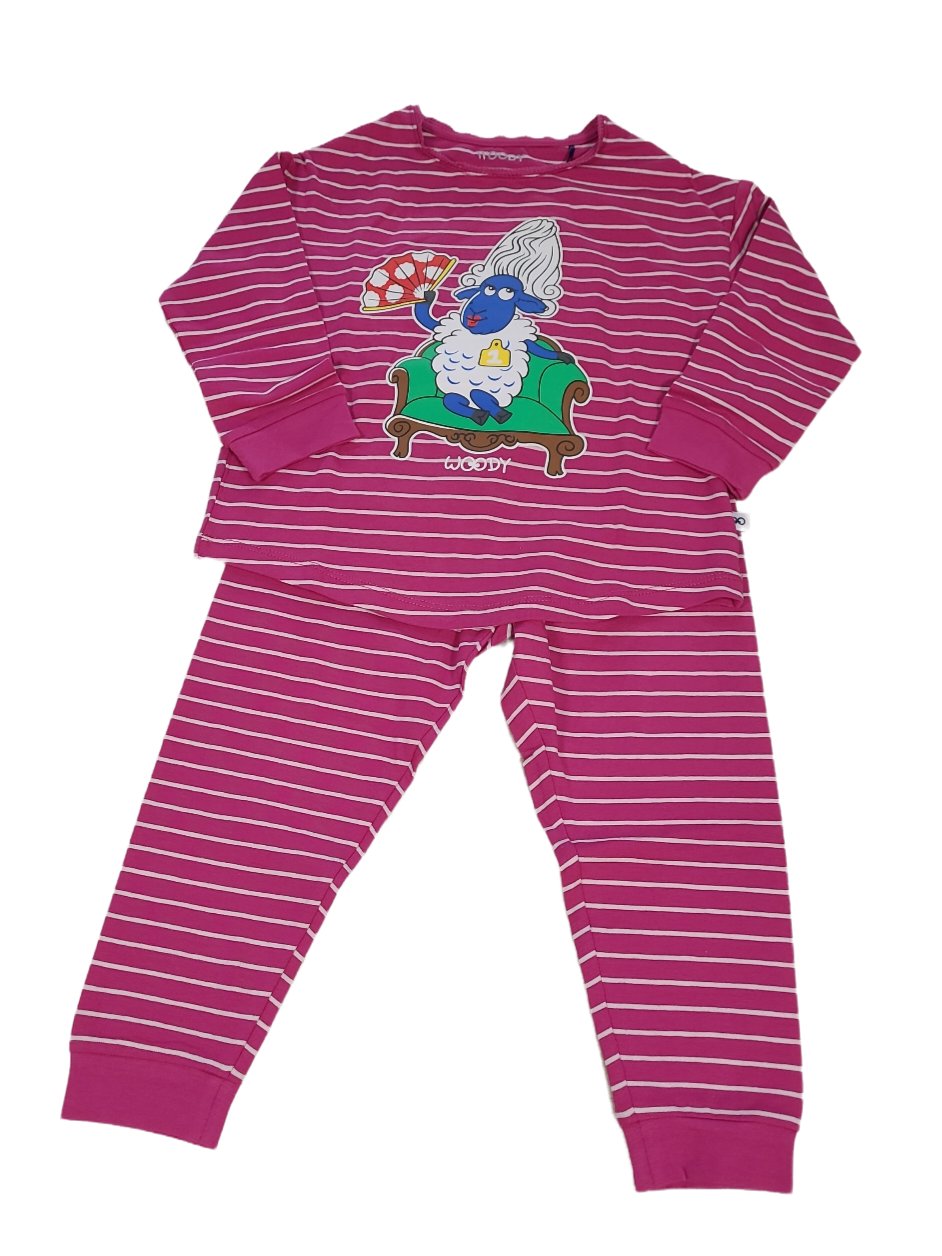 Meisjes Pyjama L/M &quot;Schaap&quot; Woody Fuchsia Gestreept