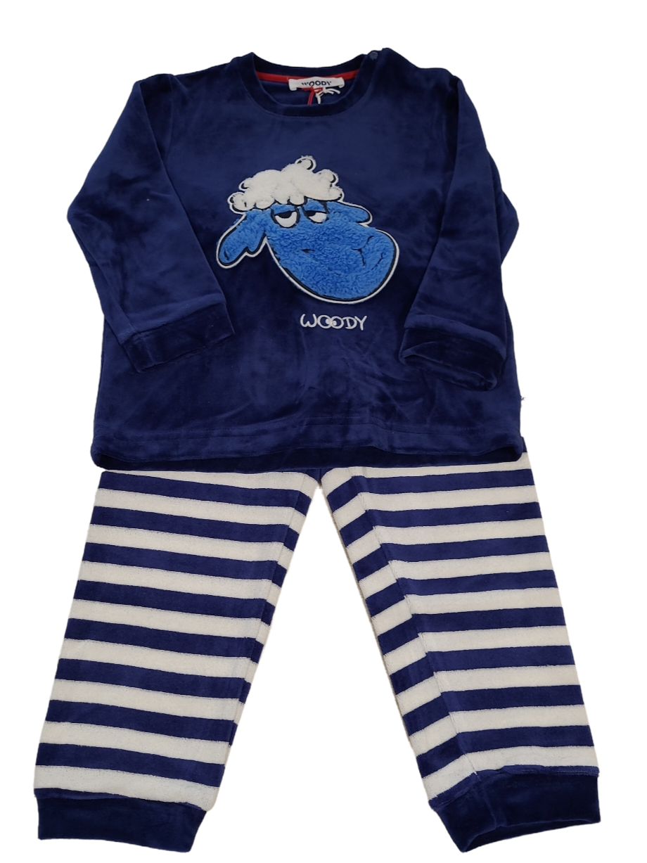 Jongens Pyjama Velours L/M &quot;Schaap&quot; Woody Donkerblauw