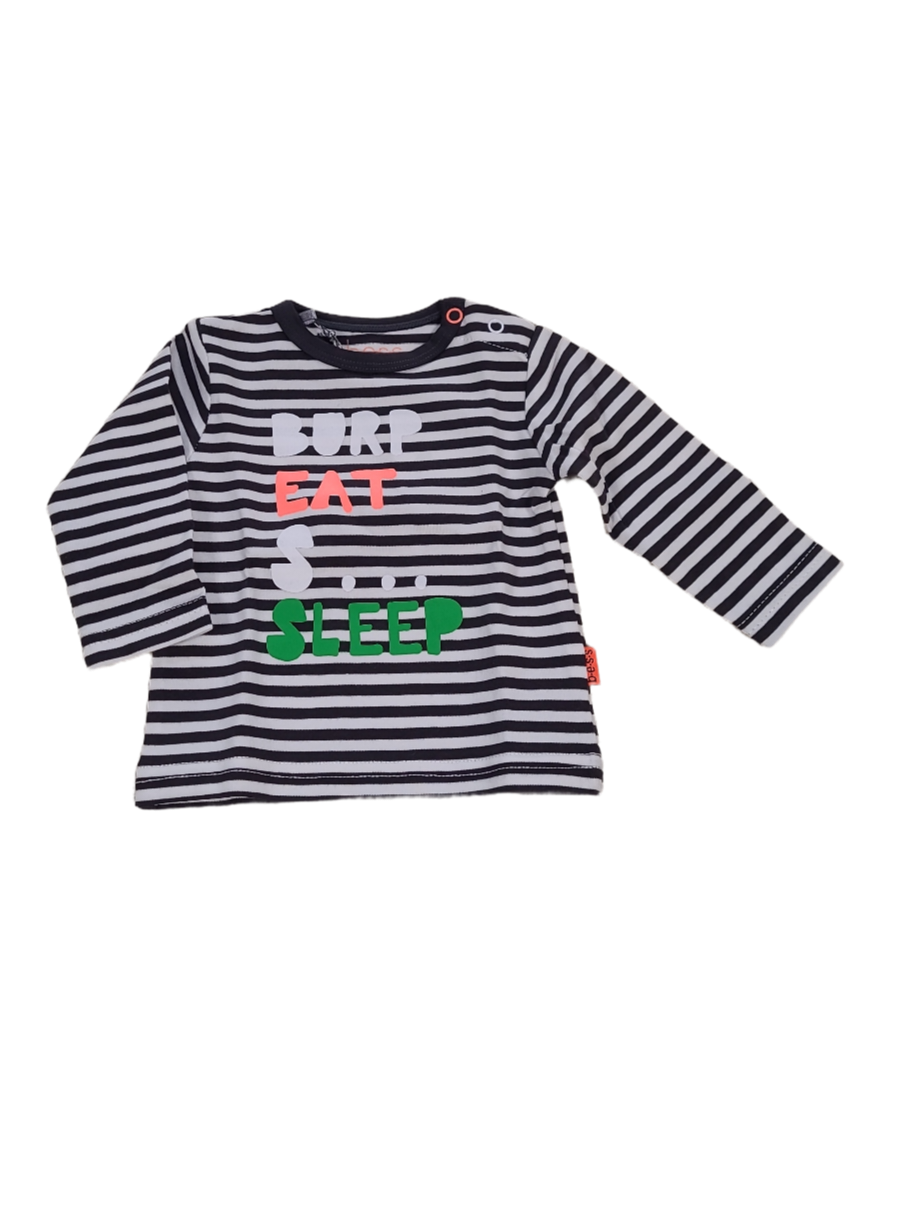 T-shirt L/M &quot;Burp Eat Sleep&quot; Bess Wit/Zwart Gestreept