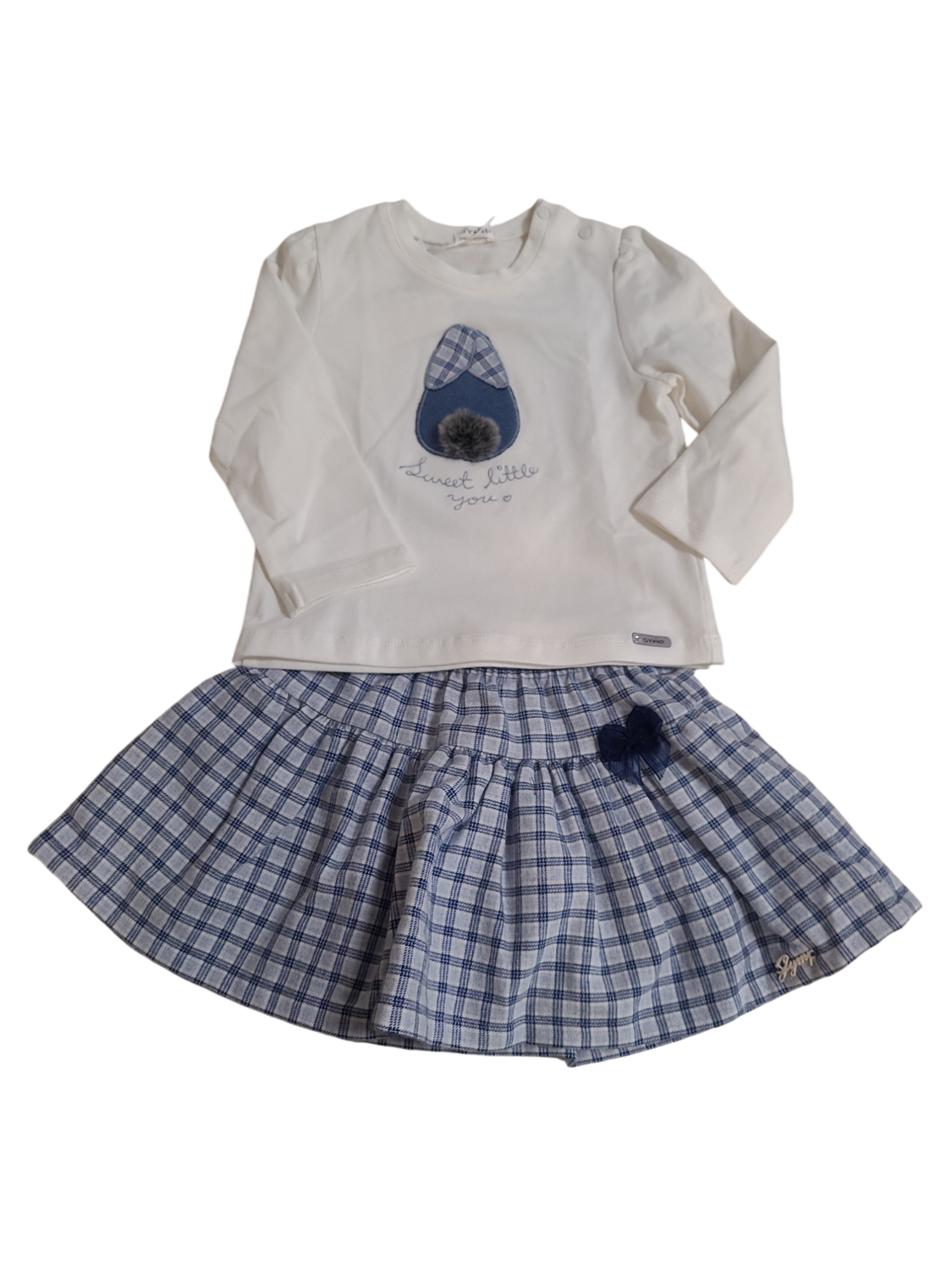 Set T-shirt L/M &quot;Sweet Little You&quot; + Rok Geruit Gymp Wit/Blauw
