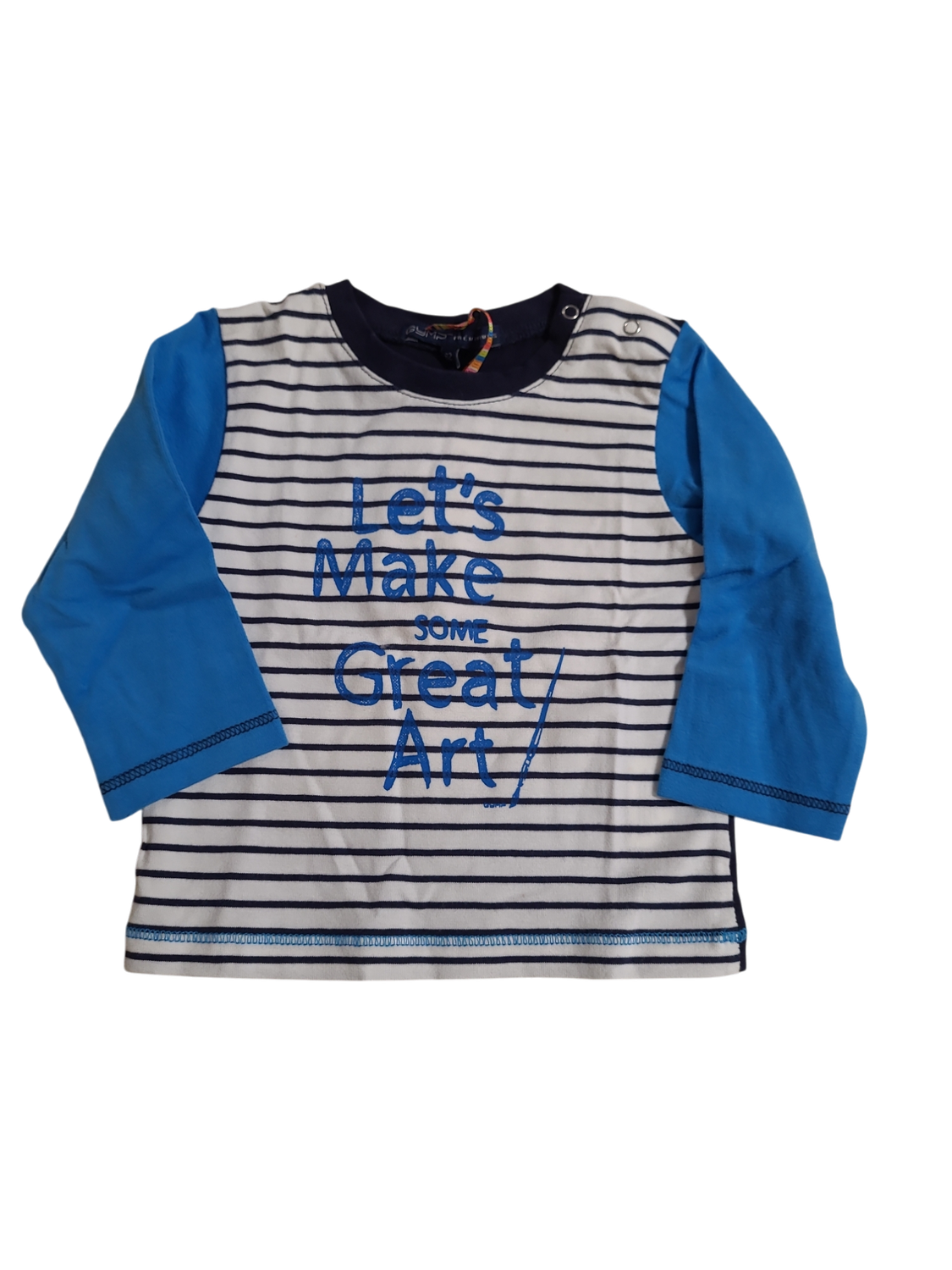 T-shirt L/M &quot;Let&#39;s Make Some Great Art&quot; Gymp Blauw Gestreept