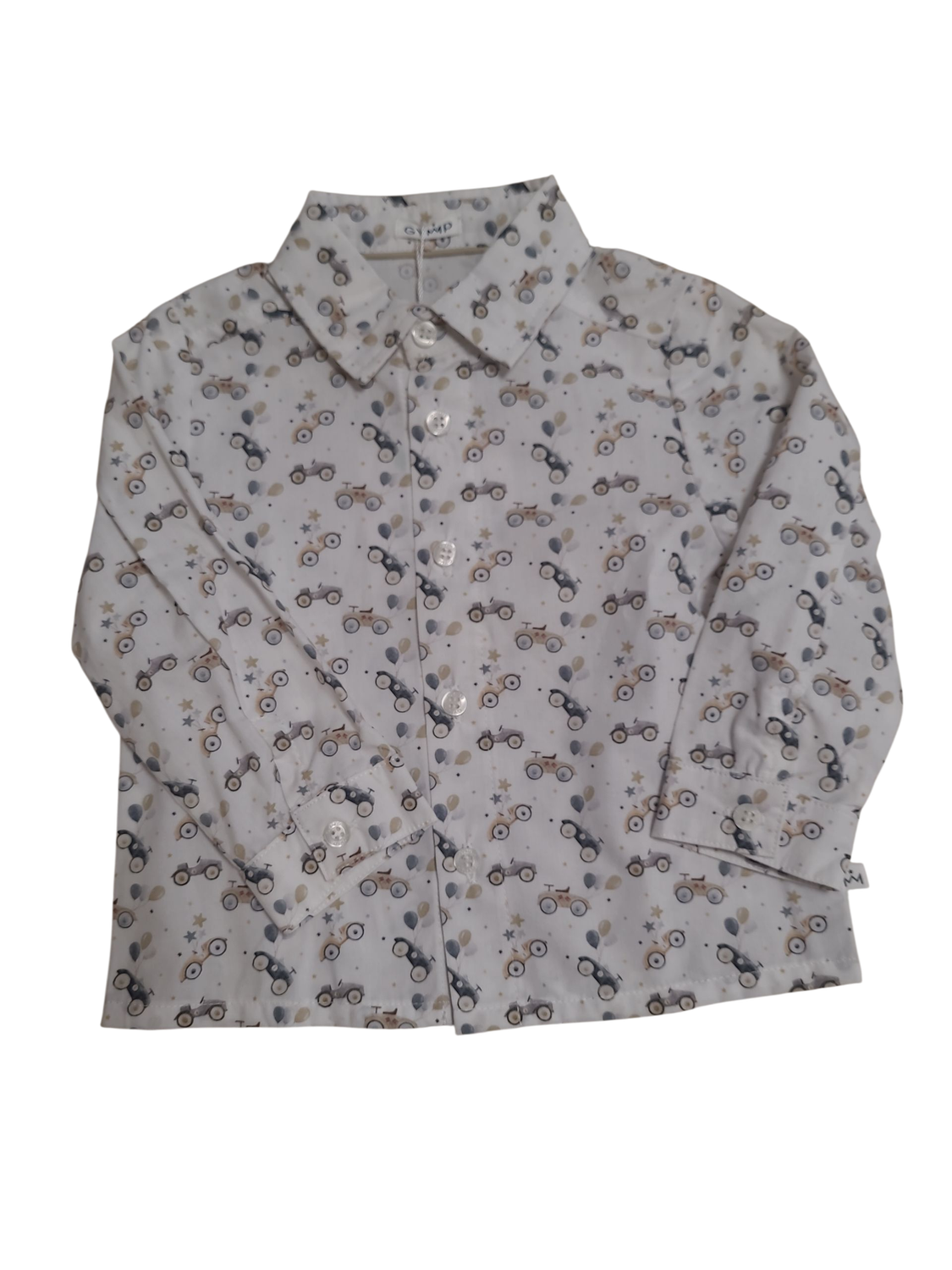 Hemd L/M &quot;Auto&#39;s&quot; Gymp Wit/Beige Bedrukt