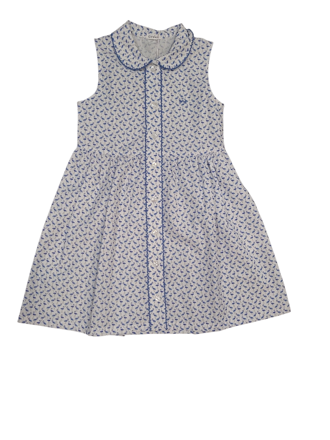 Kleed &quot;Flamingo&#39;s&quot; Gymp Blauw/Wit Bedrukt