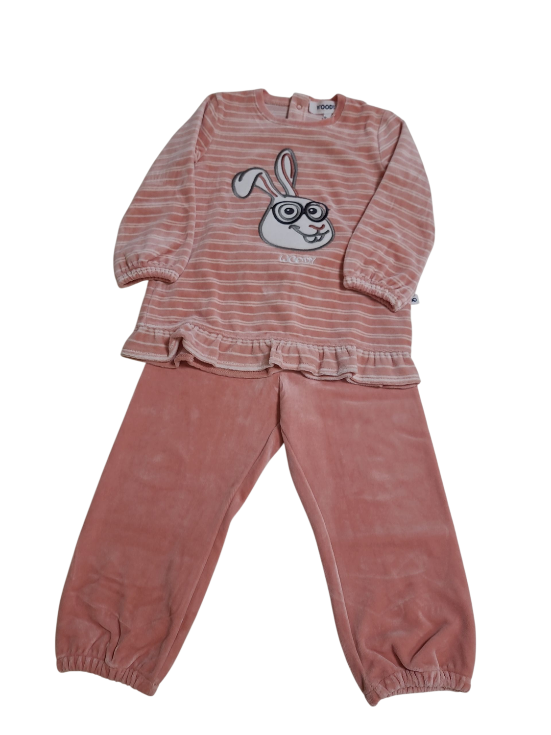 Meisjes Pyjama L/M &quot;Haas&quot; Velours Woody Roos Gestreept