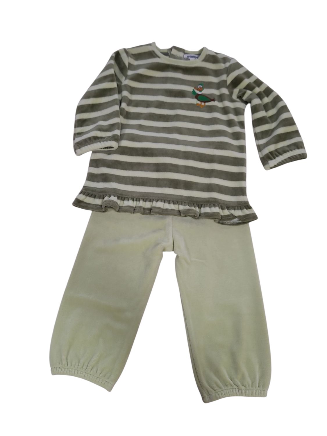 Meisjes Pyjama L/M Velours "Eend" Woody Groen Gestreept