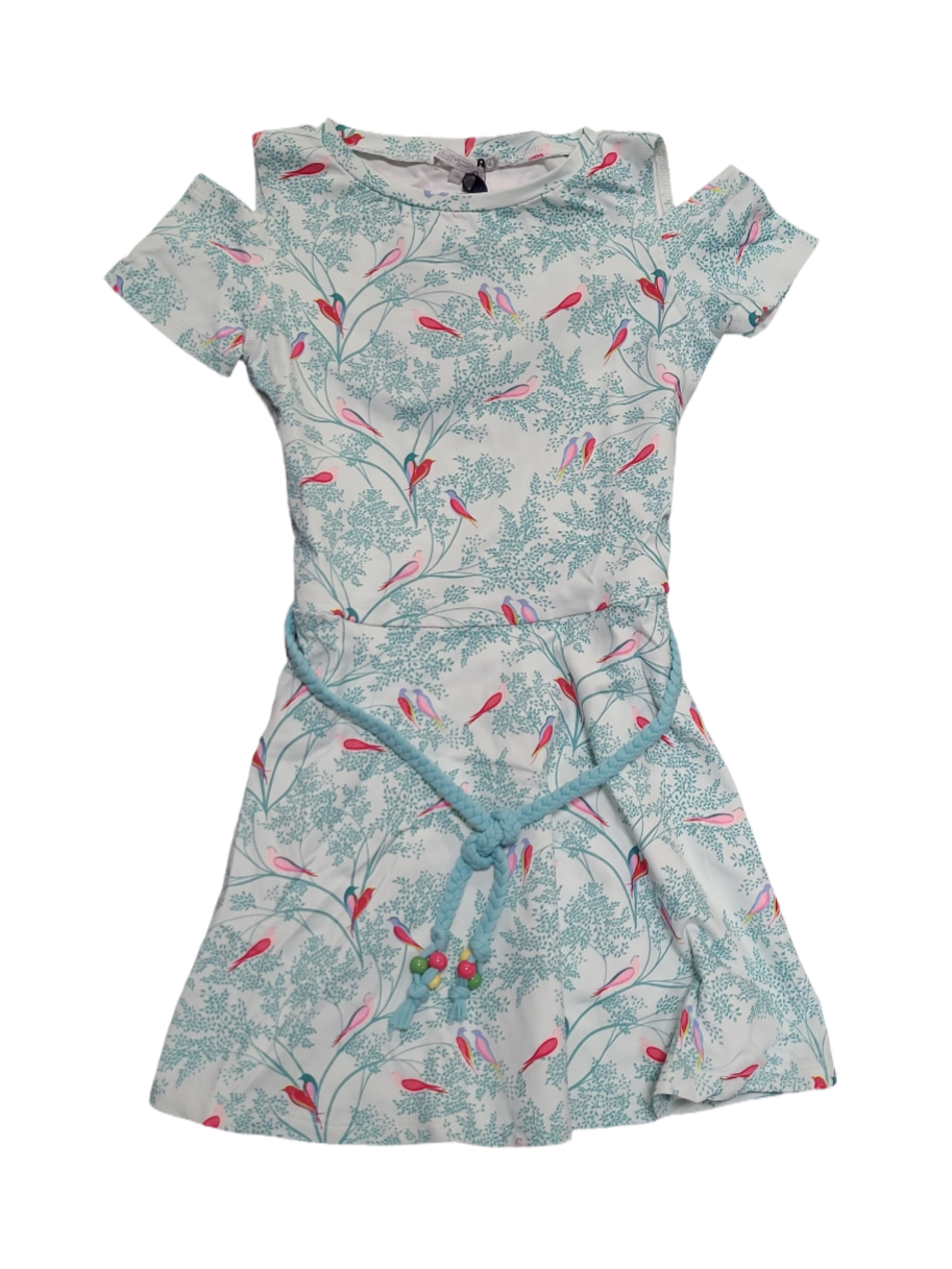 Kleed "Birds" Gymp Turquoise Bedrukt