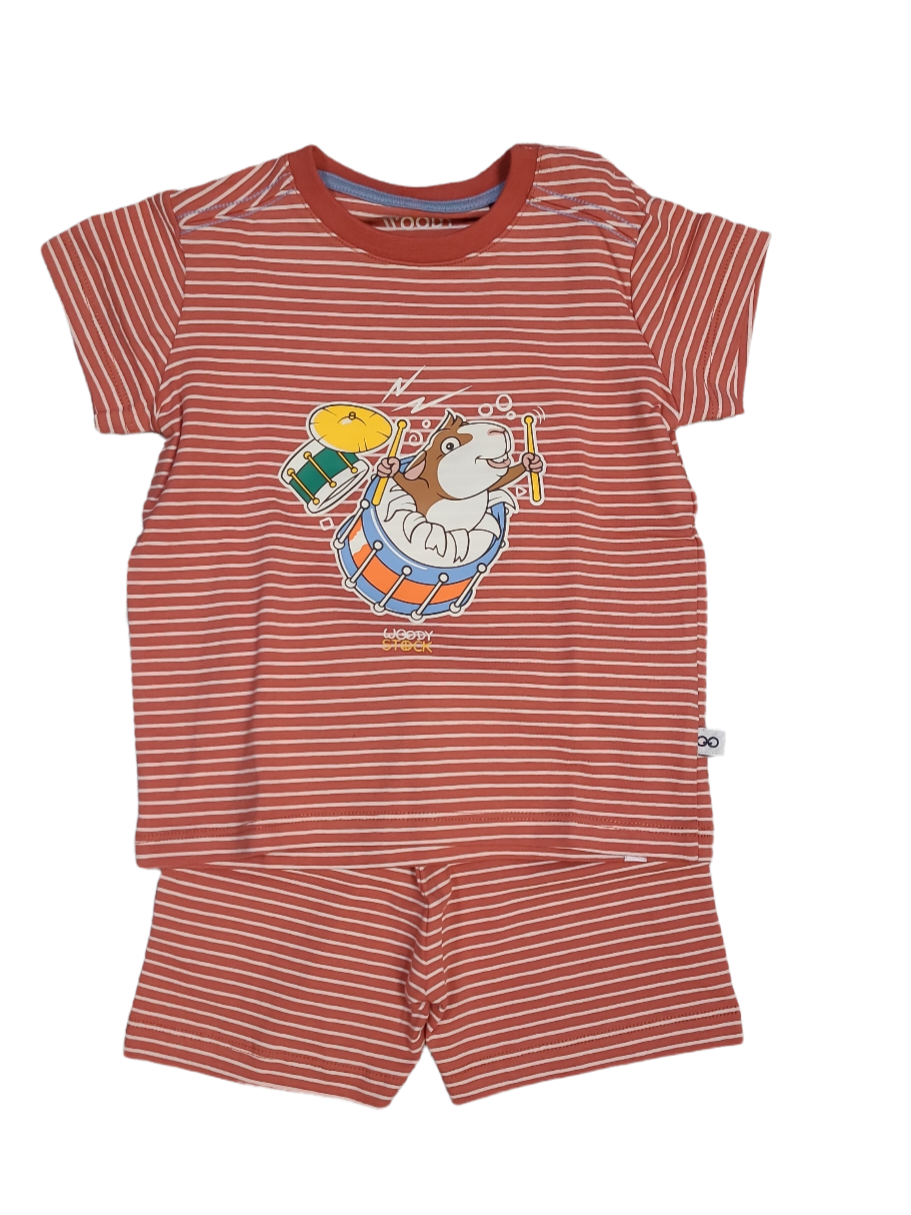 Jongens Baby Pyjama K/M Short "Cavia" Woody Terra Gestreept