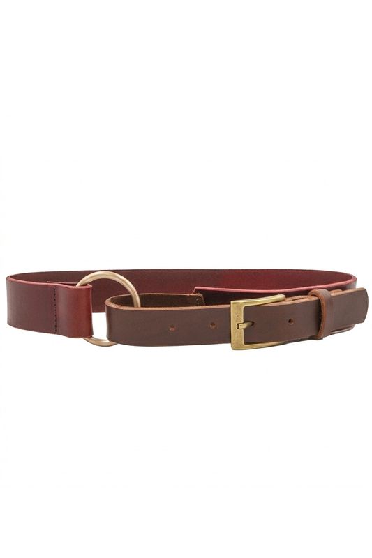 Handgemaakte bruin &amp; bordeaux leren tailleriem Never Waist a Good Belt met subtiele ring, Atelier Loulou