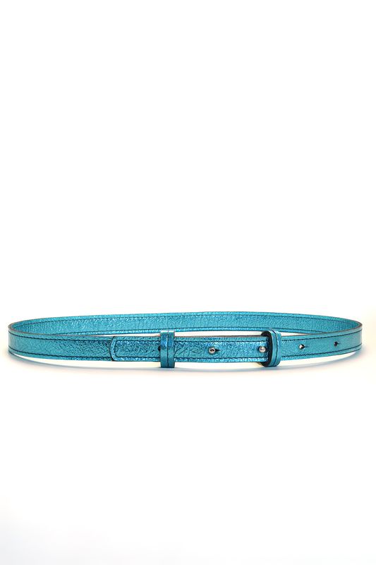 Handgemaakte felblauwe metallic leren tailleriem Blinding Beauty met geweerknop, Atelier Loulou