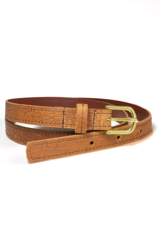 Handgemaakte cognac leren damesriem Sassy Stitch met stiknaad en ovale gesp, Atelier Loulou