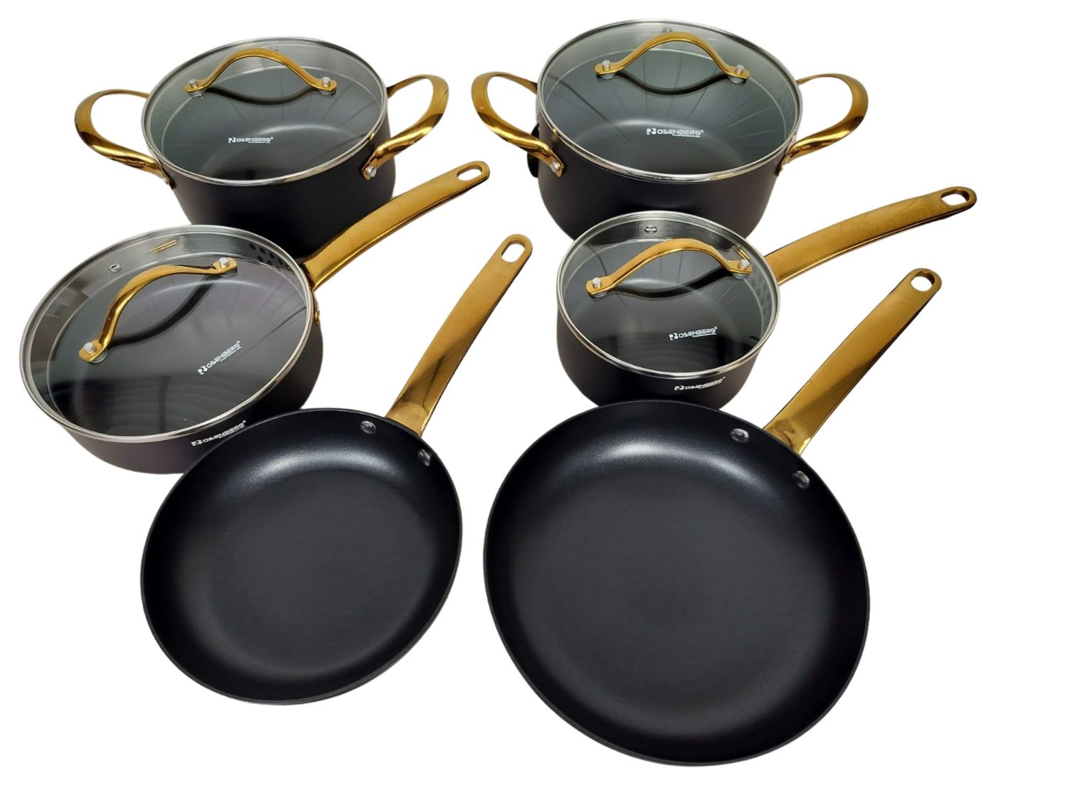 Rosenberg Luxe Pannenset - 10 delig - Zwart - Inductie - Met glazen deksels