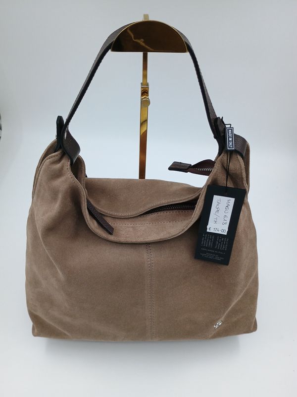 Praktische Handtas in Taupekleurige Suède leder
