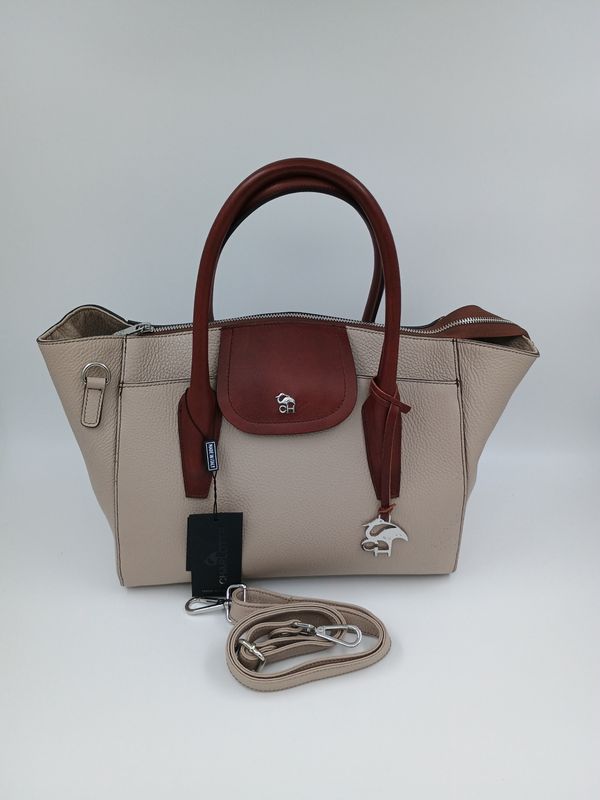 Classy handtas uit marmerkleurig kalfsleder met donkerbruine afwerking en zilverkleurige details