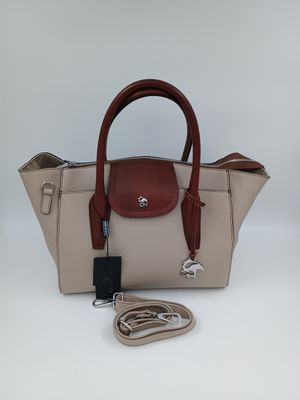 Classy handtas uit marmerkleurig kalfsleder met donkerbruine afwerking en zilverkleurige details