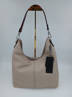 Classy handtas uit marmerkleurig kalfsleder met donkerbruine aflijning en zilverkleurige details