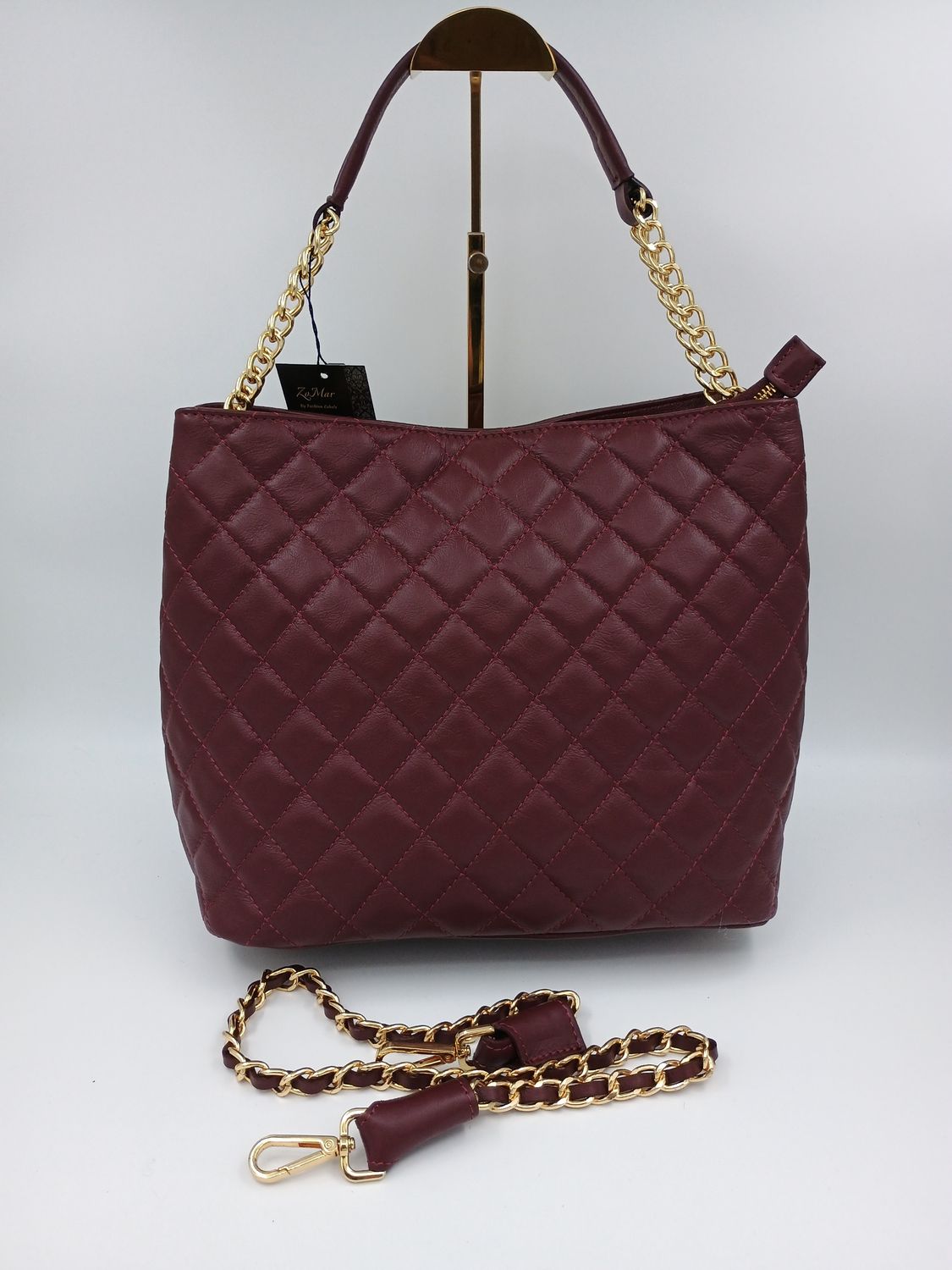 Ruime doorstikte kalfsleder handtas in Bordeaux