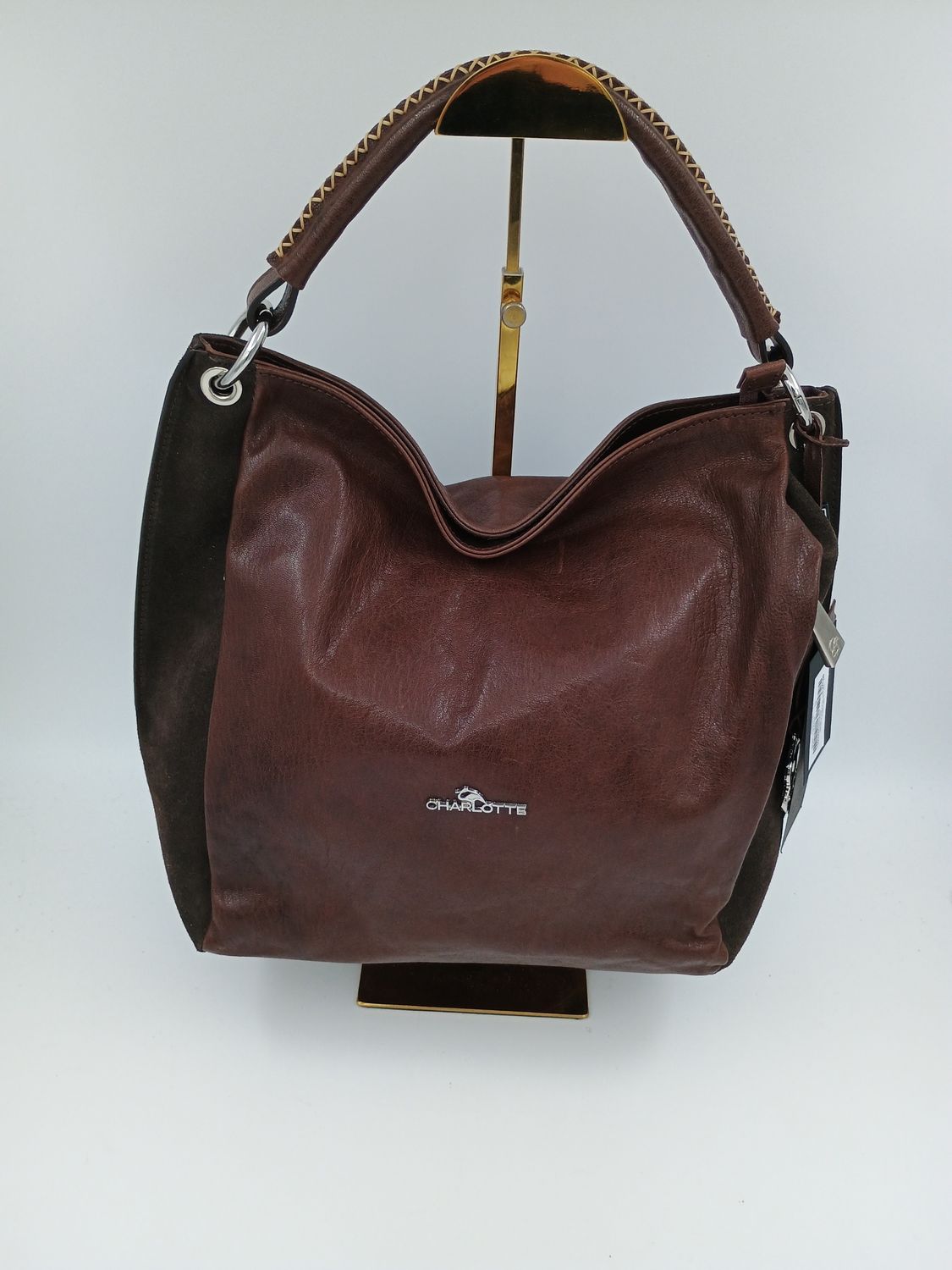 Praktische handtas in donkerbruin kalfsleder en suéde