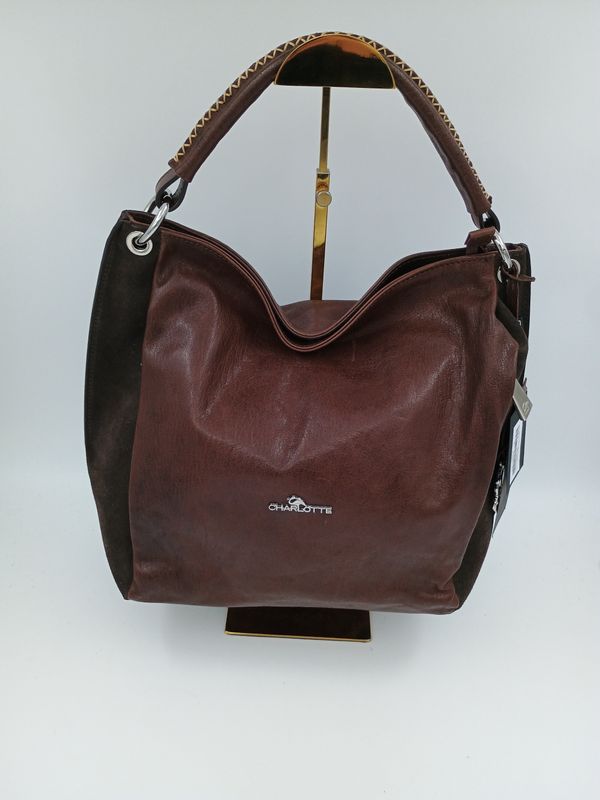 Praktische handtas in donkerbruin kalfsleder en suéde