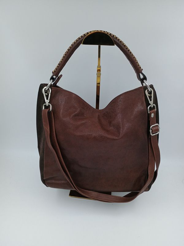 Praktische handtas in donkerbruin kalfsleder en suéde