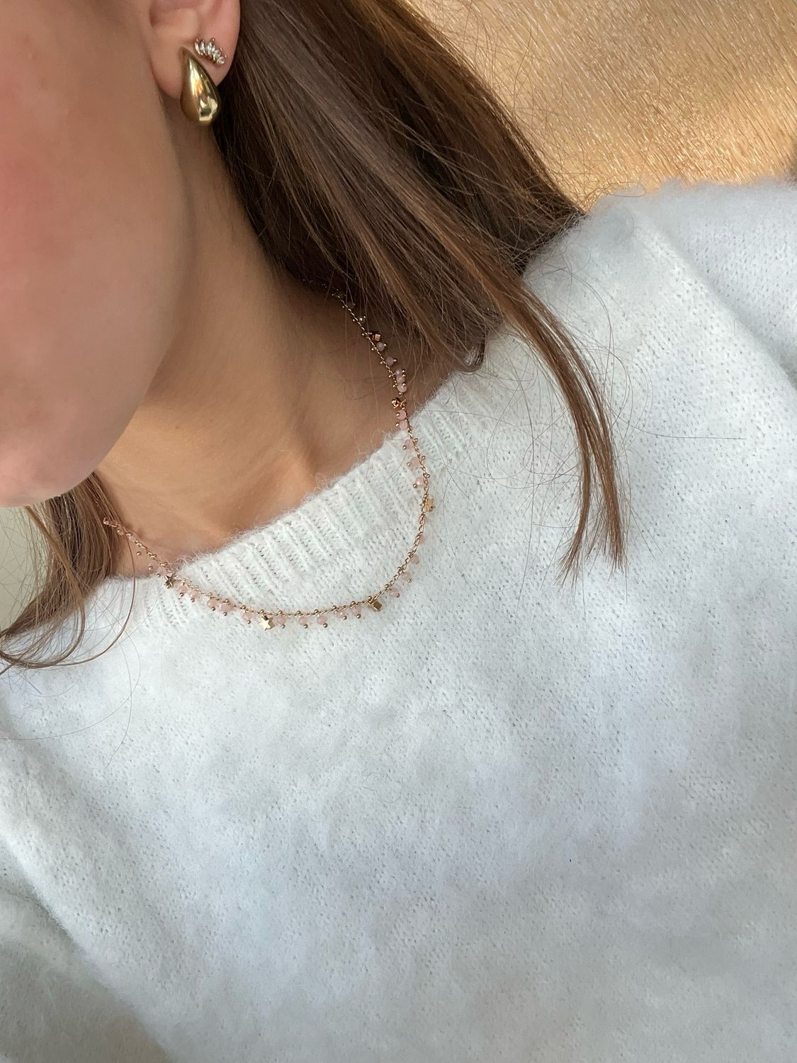 Halsketting stars en roze bolletjes goud