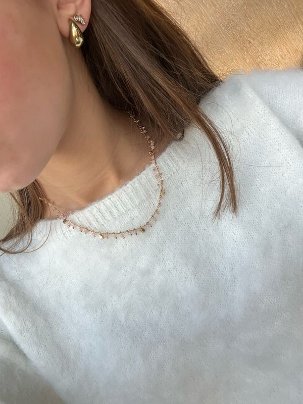 Halsketting stars en roze bolletjes goud