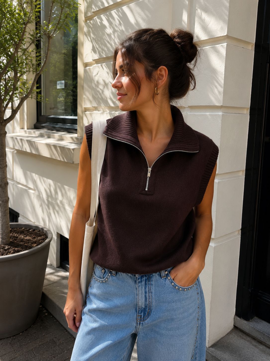 Half Zip Up Gilet Bruin