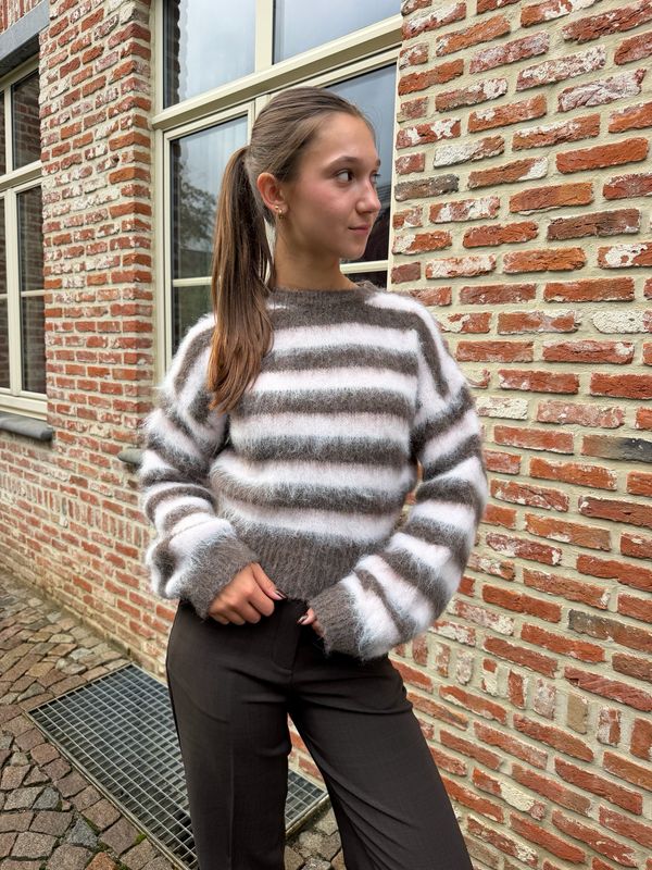 Fluffy Striped Knit Brown X White