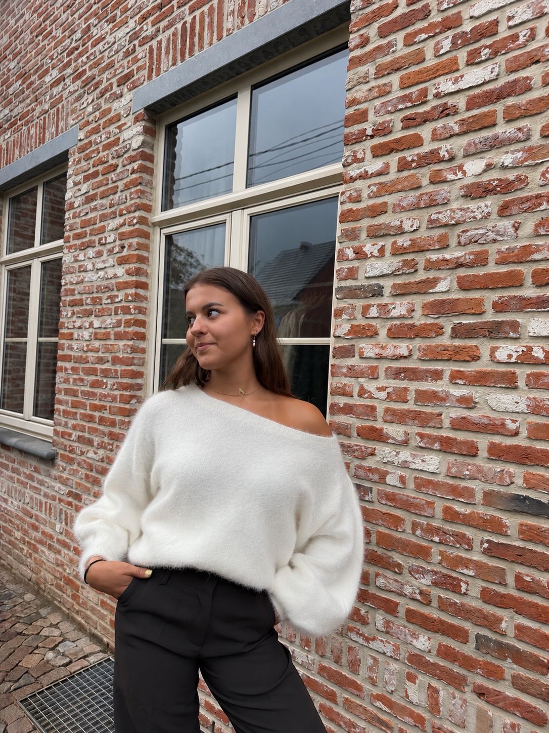 Fluffy Off Shoulder Knit White