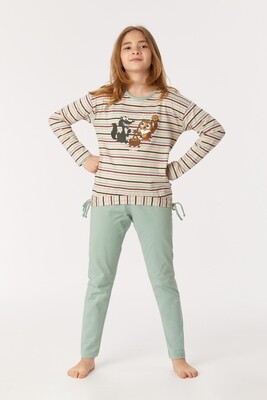 Meisjespyjama, Woody, thema Uil, Muntgroen/multicolor gestreept