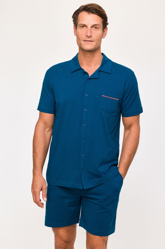 Herenpyjama; doorknoop, Woody, Donkerblauw