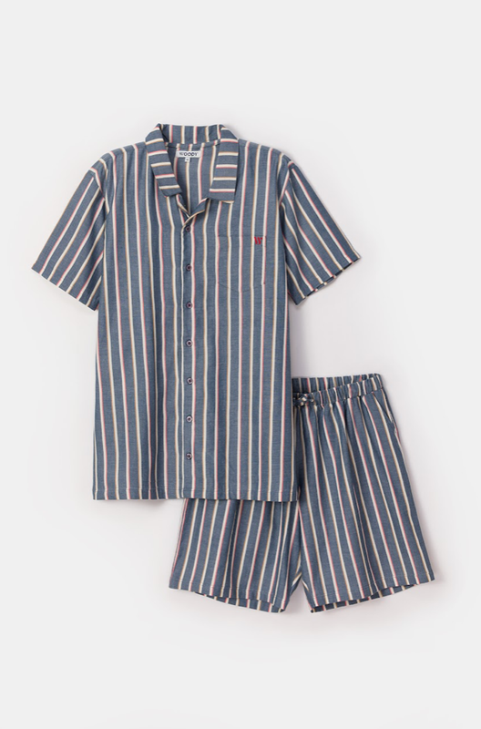 Herenpyjama; doorknoop, Woody, Blauw gestreept