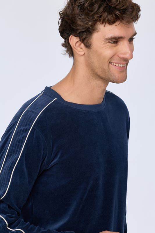 Herenpyjama in zachte velours, LordsxLilies, Donkerblauw