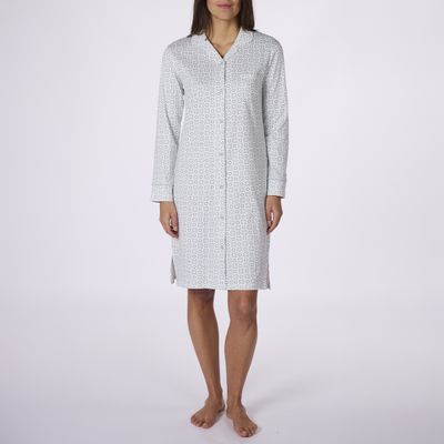 Nachtkleed; doorknoop, Canat, Wit met groen/blauwe print Nachtkleed; doorknoop, Canat, Wit met groen/blauwe print