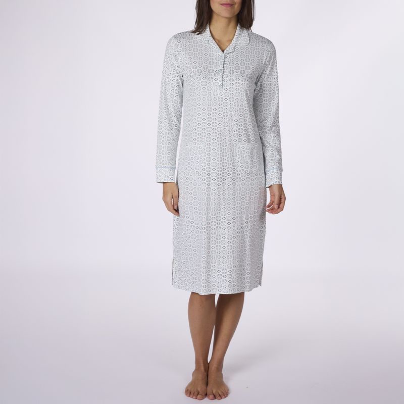 Lang nachtkleed, Canat, Wit met groen/blauwe print