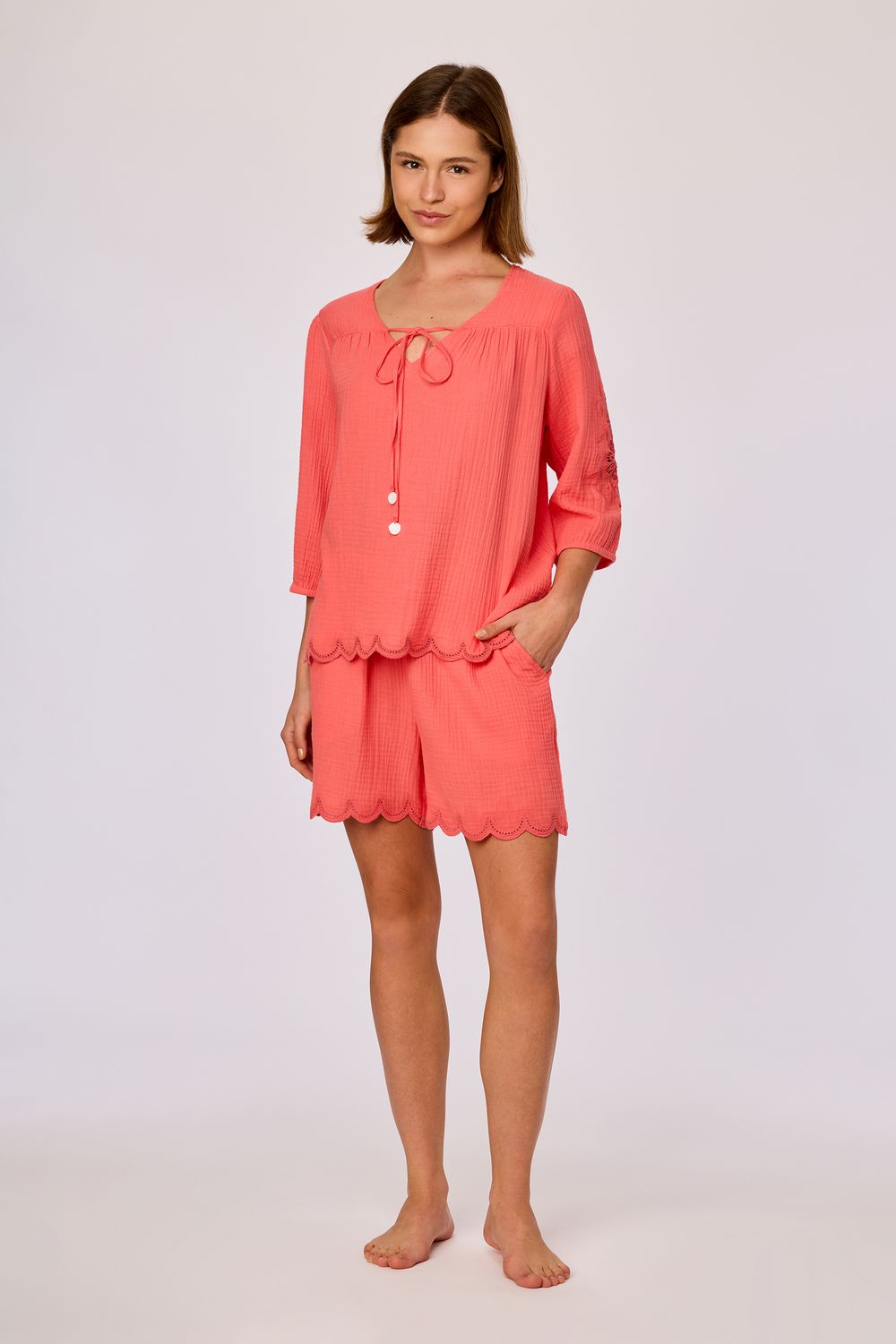 Tweedelige set; 3/4 mouwen en short, Woody, Rood roze